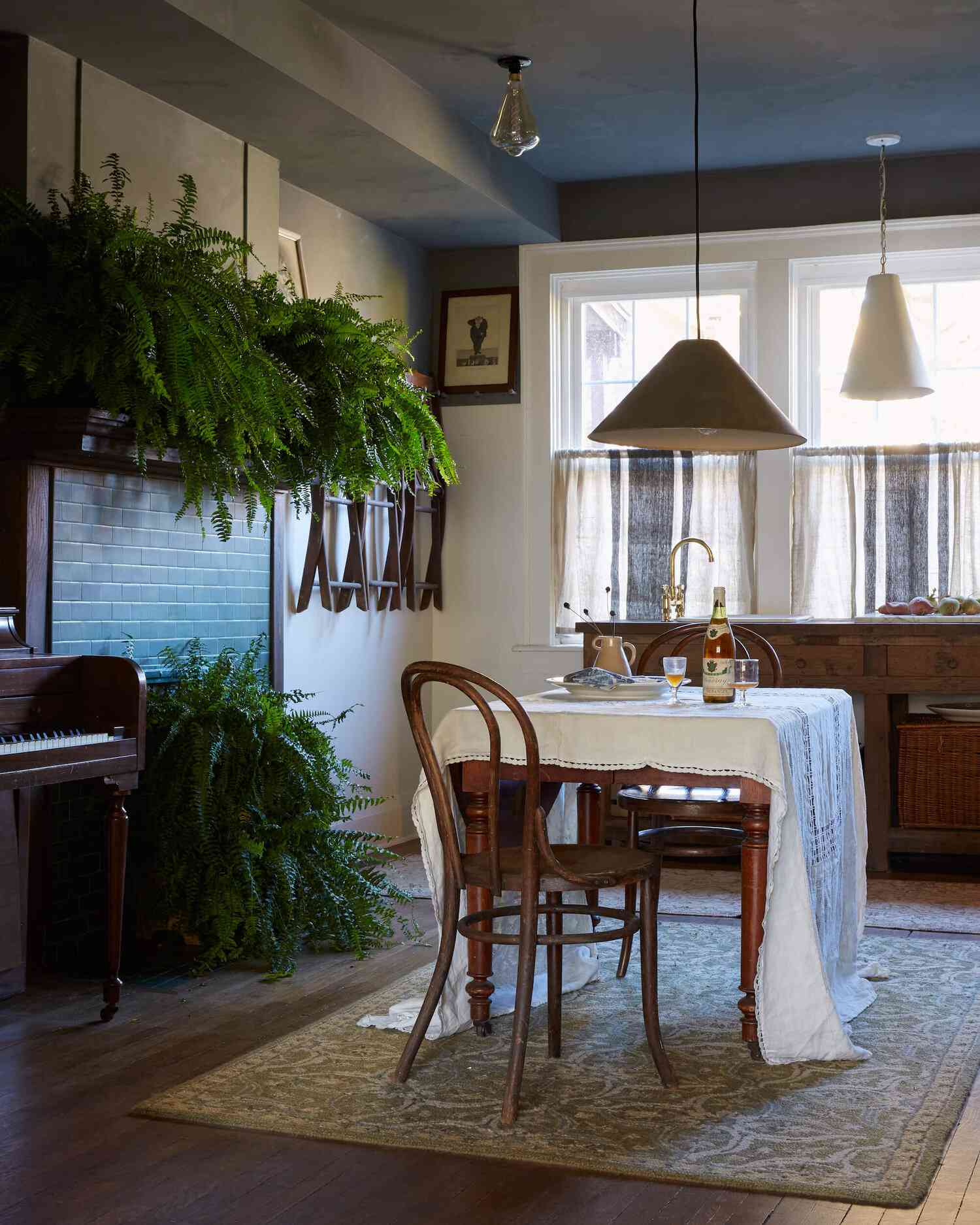 chimenea en la cocina estilizada con helechos