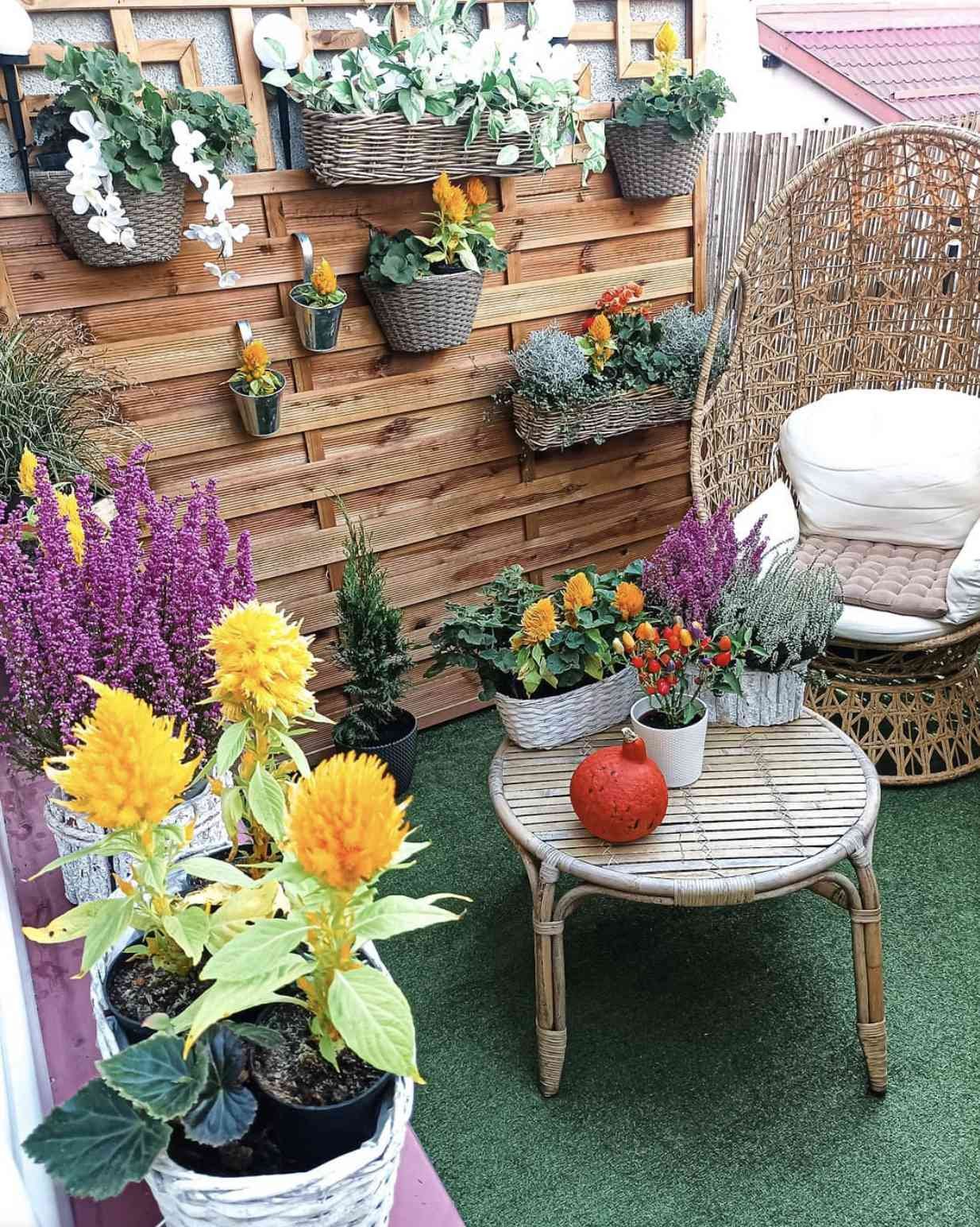 pequeño balcón con muro de paletas de madera