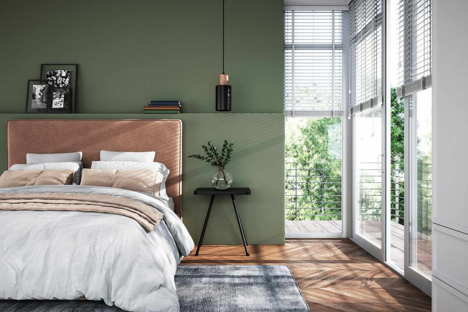 dormitorio moderno con paredes verdes y acentos marrones, luz natural