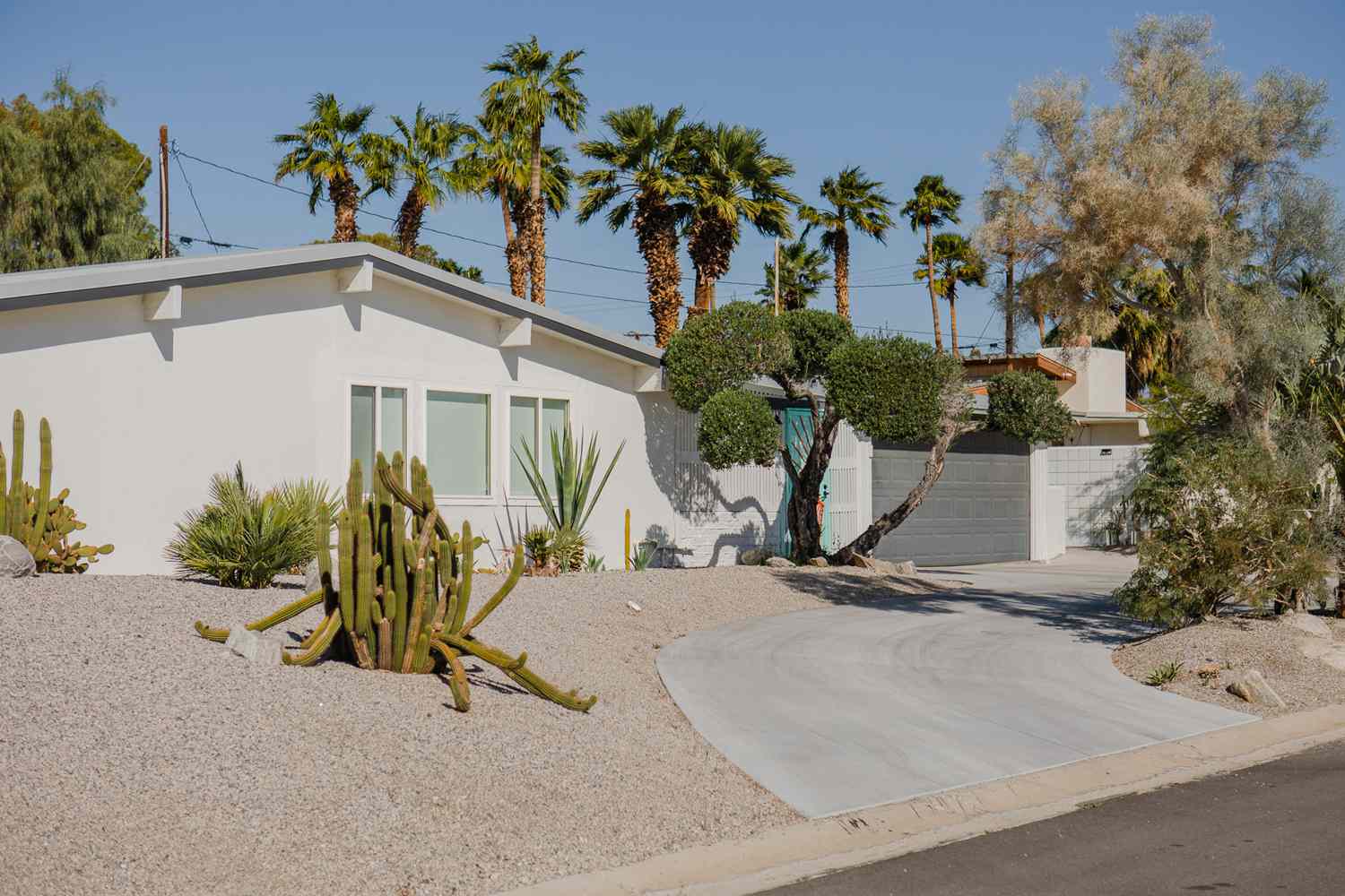 Casa blanca estilo rancho con paisajismo tolerante a la sequía