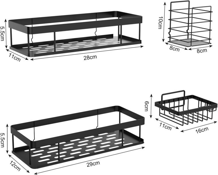 UUlioyer Estanteria Baño, Resistente al Agua y al Oxido, 4 Piezas Estanteria Ducha sin Taladro, Organizador Ducha para Champú y Gel de Baño, Negro (Con jabonera y portacepillos de dientes) - Imagen 5