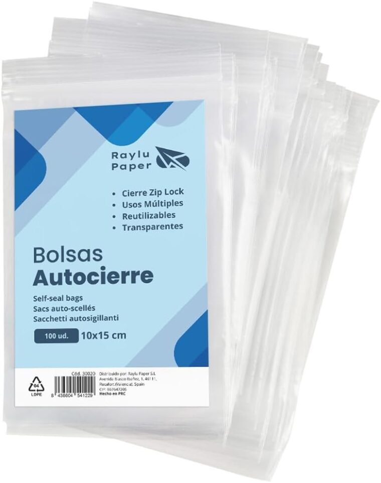 RAYLU PAPER - Bolsas Auto Cierre Zip, Pack de 100 Bolsas de Plástico Transparente Reutilizables, usos Múltiples, Hecho en Europa (10 x 15)