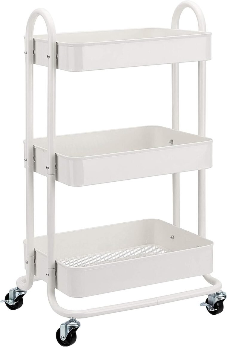 Amazon Basics - Carrito de cocina o multiuso de tres niveles con ruedas en blanco