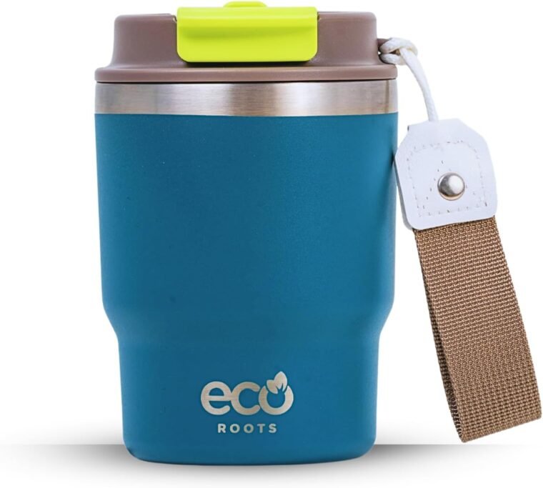 ecoroots EVERGREEN - Termo Café Para Llevar Ecológico I Vaso Térmico Reutilizable con Tapa Reforzada y Cuerda Removible I Taza Térmica Acero Inox. I Travel Mug I (AZUL BONDI, 360ML) - Imagen 2