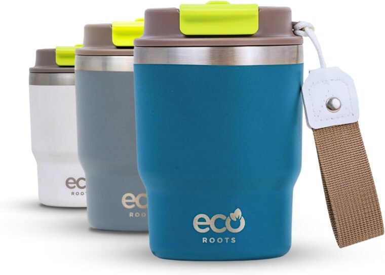 ecoroots EVERGREEN - Termo Café Para Llevar Ecológico I Vaso Térmico Reutilizable con Tapa Reforzada y Cuerda Removible I Taza Térmica Acero Inox. I Travel Mug I (AZUL BONDI, 360ML)