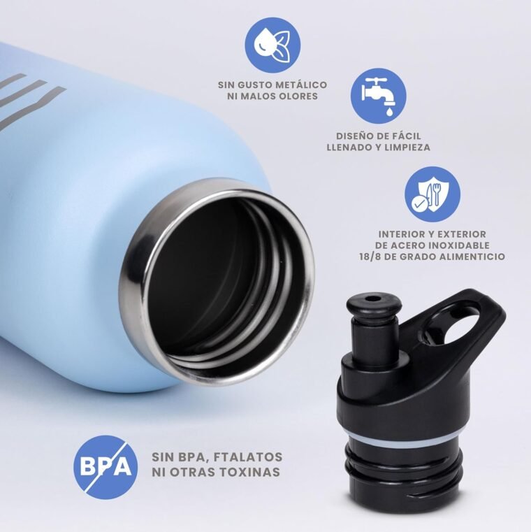 Botella Agua Acero Inoxidable Azul – HUIIKE | Botella Termica 750ml con 3 tapones | Termo Agua Fria 24 horas y Termo Agua Caliente 12 horas | Botella Agua Termica sin BPA, Botella Agua Gimnasio - Imagen 4