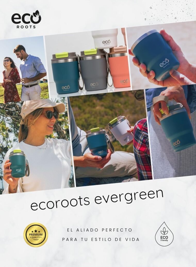 ecoroots EVERGREEN - Termo Café Para Llevar Ecológico I Vaso Térmico Reutilizable con Tapa Reforzada y Cuerda Removible I Taza Térmica Acero Inox. I Travel Mug I (AZUL BONDI, 360ML) - Imagen 8