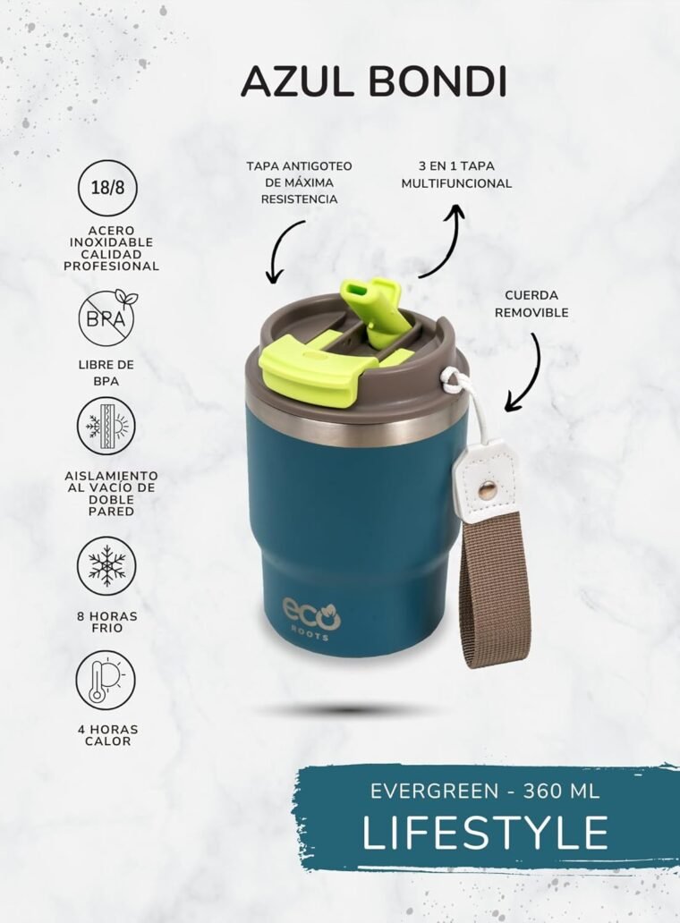 ecoroots EVERGREEN - Termo Café Para Llevar Ecológico I Vaso Térmico Reutilizable con Tapa Reforzada y Cuerda Removible I Taza Térmica Acero Inox. I Travel Mug I (AZUL BONDI, 360ML) - Imagen 6