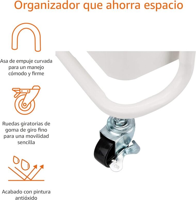 Amazon Basics - Carrito de cocina o multiuso de tres niveles con ruedas en blanco - Imagen 3