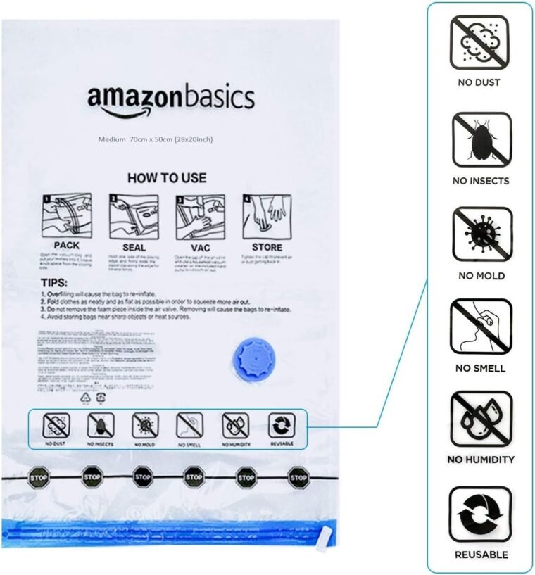 Amazon Basics bolsas de vacío para almacenamiento, incluyen boca para aspirador, 12 Unidad, 3 extragrandes, 3 grandes, 3 medianas y 3 pequeñas, Cremallera, Blanco - Imagen 5