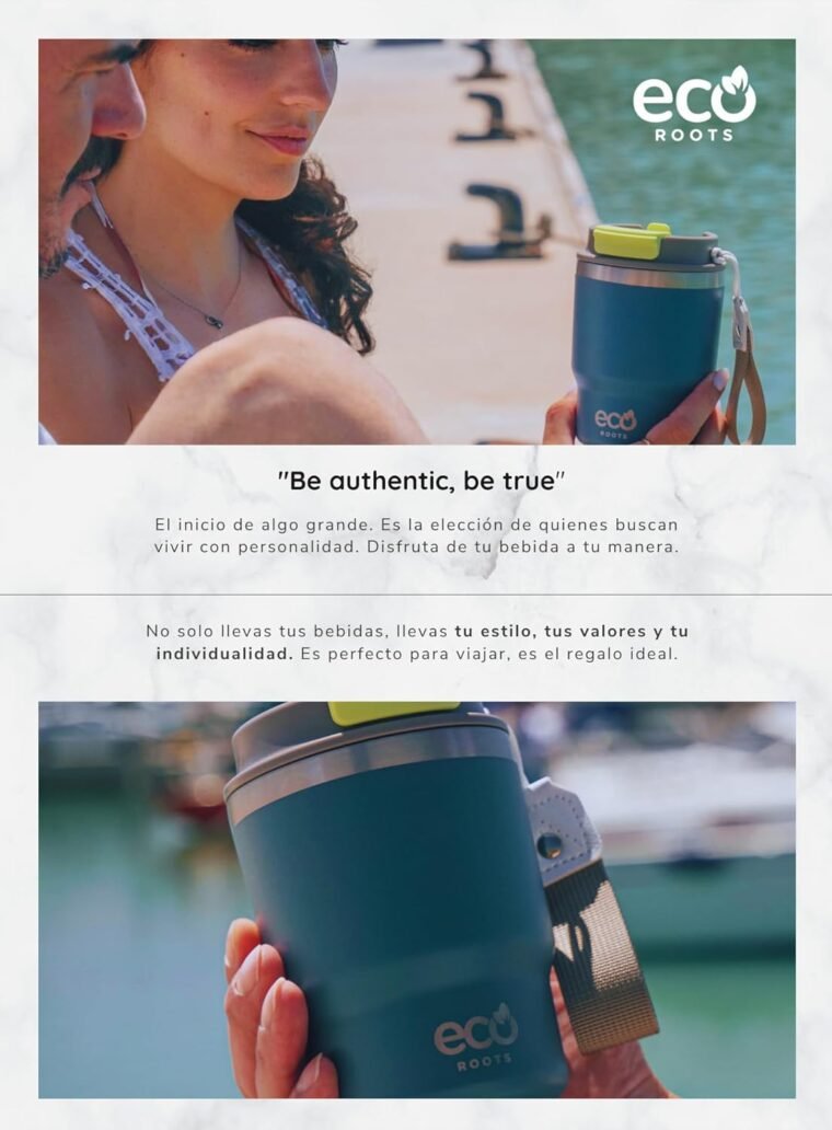 ecoroots EVERGREEN - Termo Café Para Llevar Ecológico I Vaso Térmico Reutilizable con Tapa Reforzada y Cuerda Removible I Taza Térmica Acero Inox. I Travel Mug I (AZUL BONDI, 360ML) - Imagen 5