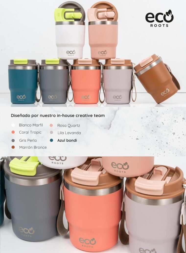 ecoroots EVERGREEN - Termo Café Para Llevar Ecológico I Vaso Térmico Reutilizable con Tapa Reforzada y Cuerda Removible I Taza Térmica Acero Inox. I Travel Mug I (AZUL BONDI, 360ML) - Imagen 7