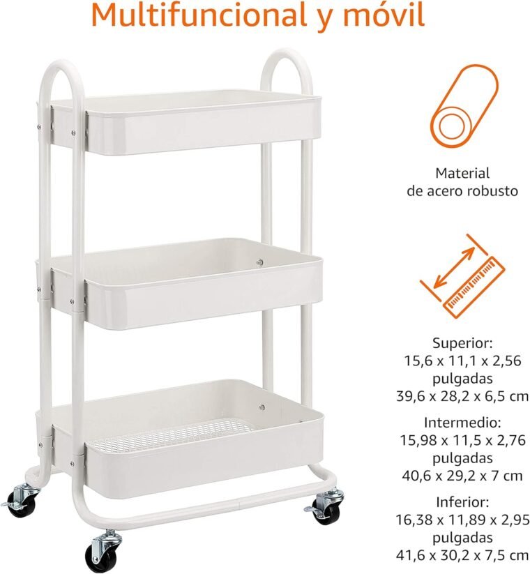 Amazon Basics - Carrito de cocina o multiuso de tres niveles con ruedas en blanco - Imagen 4