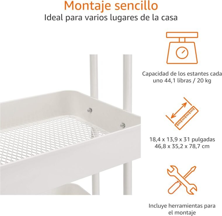 Amazon Basics - Carrito de cocina o multiuso de tres niveles con ruedas en blanco - Imagen 2