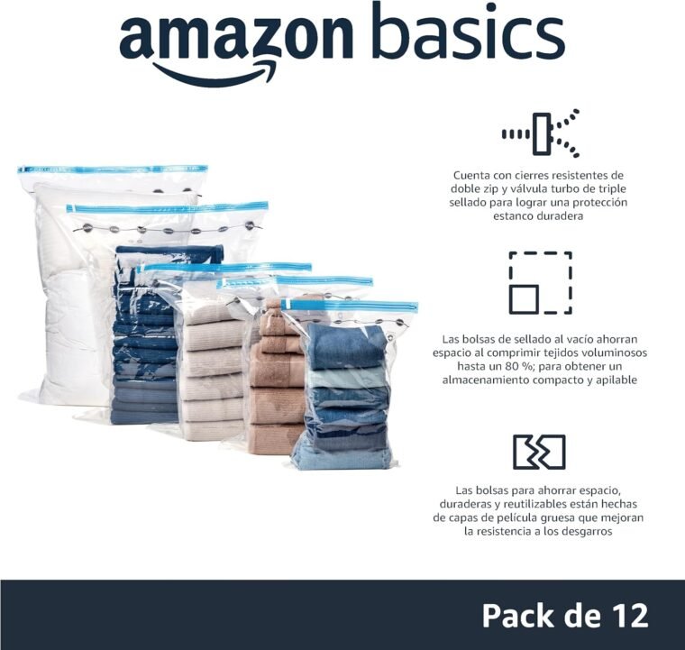 Amazon Basics bolsas de vacío para almacenamiento, incluyen boca para aspirador, 12 Unidad, 3 extragrandes, 3 grandes, 3 medianas y 3 pequeñas, Cremallera, Blanco - Imagen 2