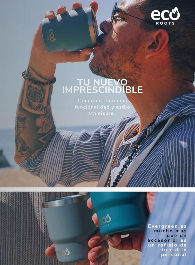 ecoroots EVERGREEN - Termo Café Para Llevar Ecológico I Vaso Térmico Reutilizable con Tapa Reforzada y Cuerda Removible I Taza Térmica Acero Inox. I Travel Mug I (AZUL BONDI, 360ML) - Imagen 4