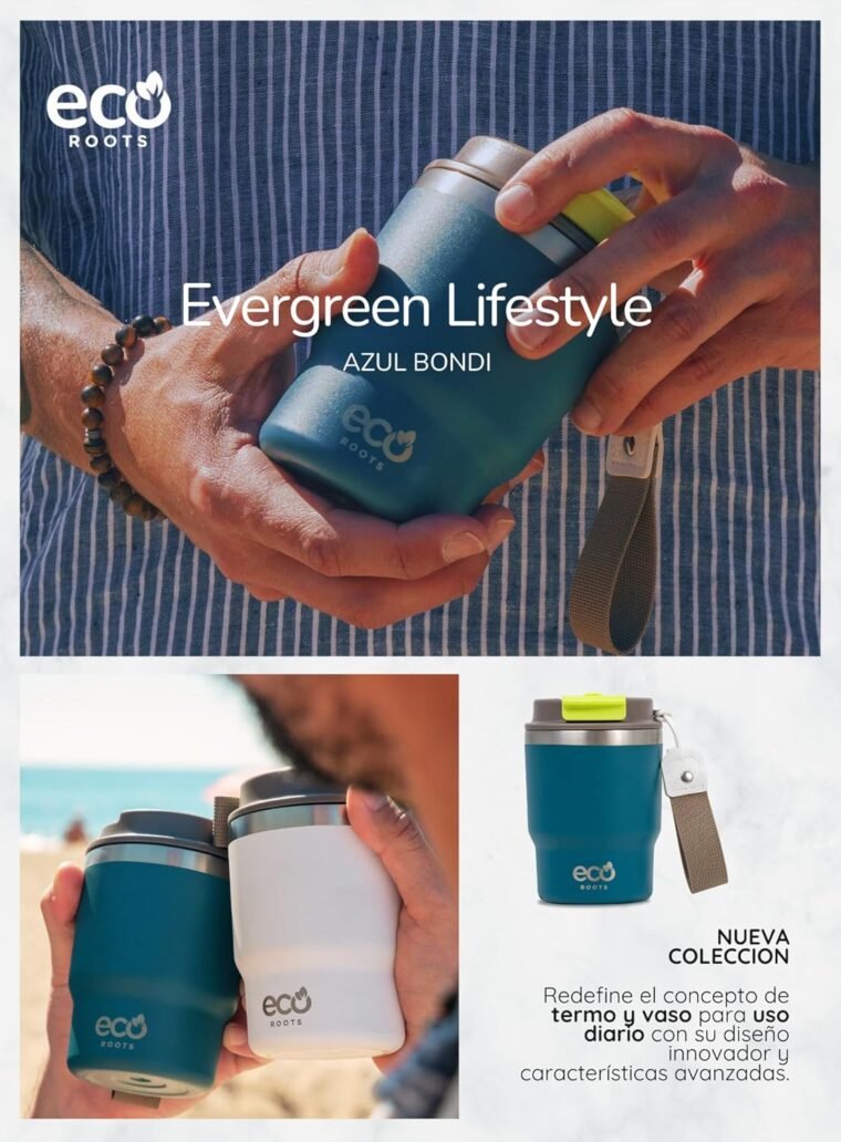 ecoroots EVERGREEN - Termo Café Para Llevar Ecológico I Vaso Térmico Reutilizable con Tapa Reforzada y Cuerda Removible I Taza Térmica Acero Inox. I Travel Mug I (AZUL BONDI, 360ML) - Imagen 3