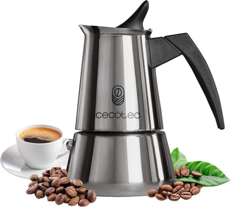 Cecotec Cafetera Italiana Piccolina 600, Capacidad 300 ml para 6 tazas, Diseño elegante en Acero, Filtro de Acero Inoxidable, Apta para todas las superficies, Válvula de seguridad, Cierre silicona