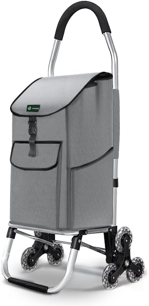 VOUNOT Carrito Compra Plegable de Aluminio, Carro de la Compra 6 Ruedas con Bolsa Oxford Desmontable, 45 L, Gris