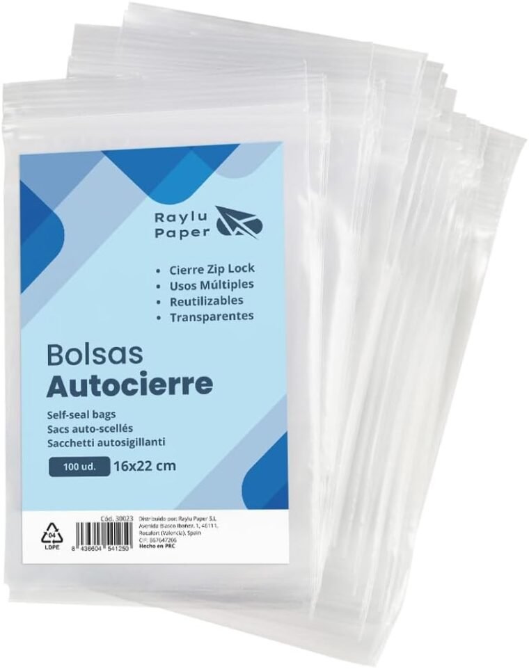 RAYLU PAPER - Bolsas Auto Cierre Zip, Pack de 100 Bolsas de Plástico Transparente Reutilizables, usos Múltiples, Hecho en Europa (16 x 22)