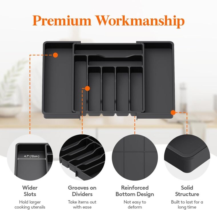 Lifewit Organizador de cubiertos de cajón, Bandeja de cubiertos expandible para cajón de cocina, portautensilios y cubiertos ajustable, Portacucharas, tenedores, cuchillos, almacenador, grande, Negro - Imagen 6