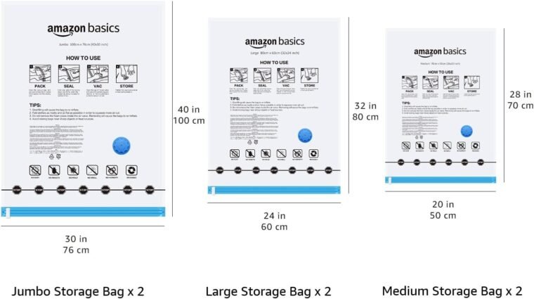 Amazon Basics bolsas de vacío Cremallera para almacenamiento, incluyen boca para aspirador, 6 Unidad (2 extragrandes, 2 grandes y 2 medianas), Transparente - Imagen 6