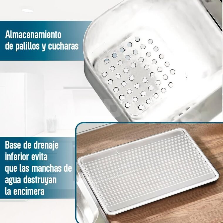 JUPPLIES Escurreplatos de Acero Inoxidable con Soporte para Utensilios Extraible, Portavasos y Estante de Gran Capacidad - Escurridor de Platos con Bandeja de Goteo - 41.5x31x11cm (Blanco) - Imagen 4