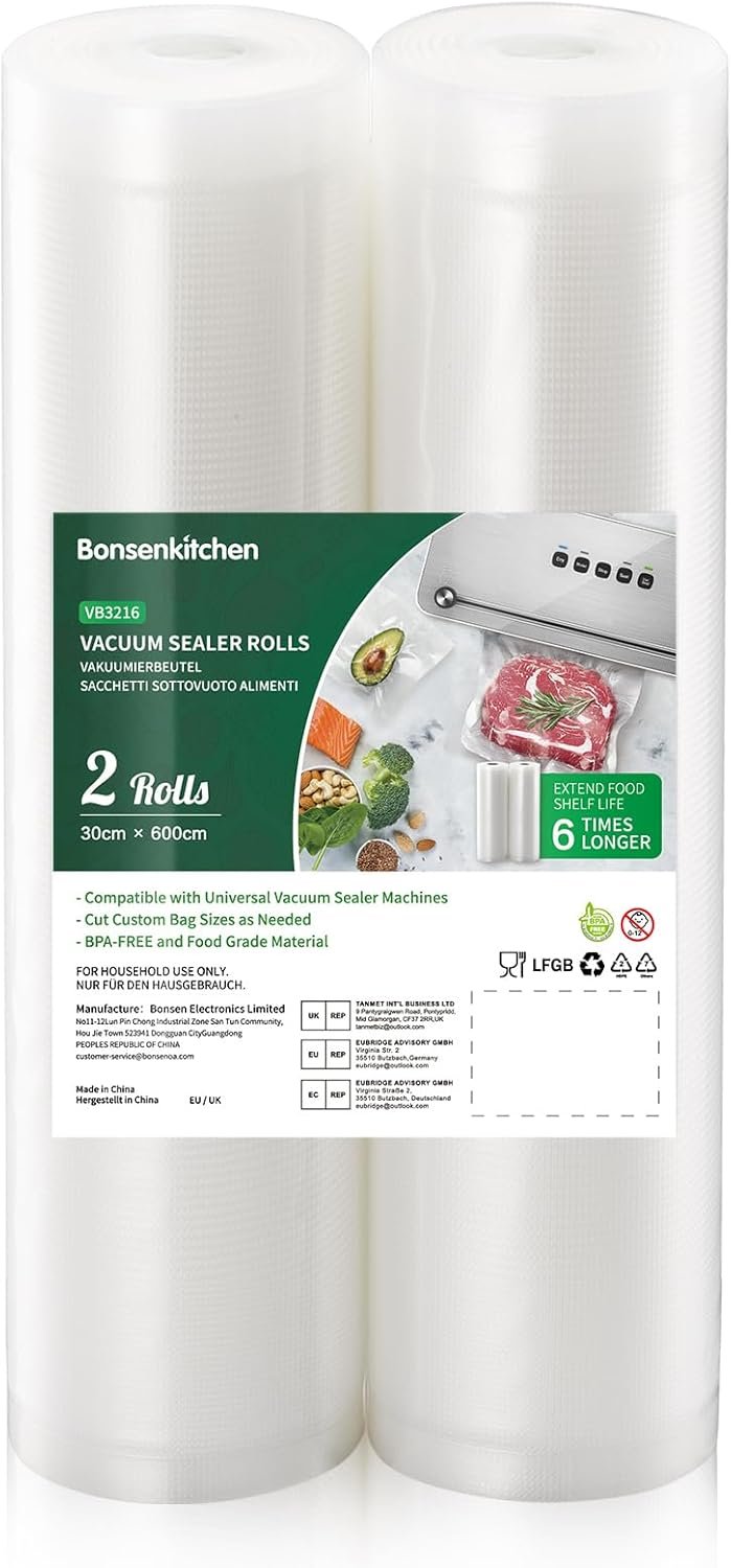 Bonsenkitchen 2 Rollos Bolsas Vacio Alimentos para Envasadora al Vacío, 30 x 600cm Bolsas Gofradas para Conservación de Alimentos y Sous Vide Cocina, BPA Free, VB3216