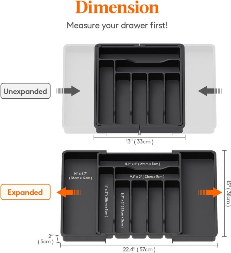 Lifewit Organizador de cubiertos de cajón, Bandeja de cubiertos expandible para cajón de cocina, portautensilios y cubiertos ajustable, Portacucharas, tenedores, cuchillos, almacenador, grande, Negro - Imagen 3