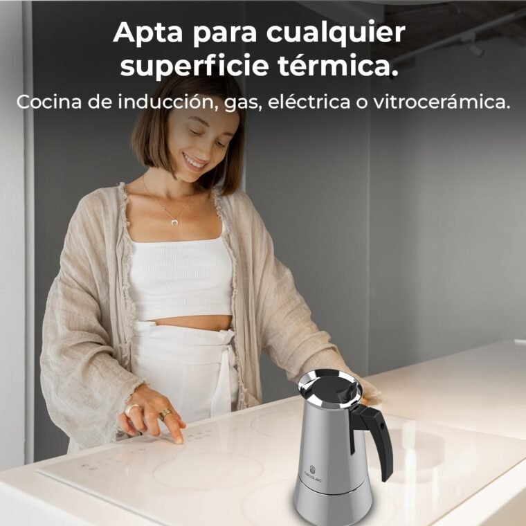 Cecotec Cafetera Italiana Piccolina 600, Capacidad 300 ml para 6 tazas, Diseño elegante en Acero, Filtro de Acero Inoxidable, Apta para todas las superficies, Válvula de seguridad, Cierre silicona - Imagen 8