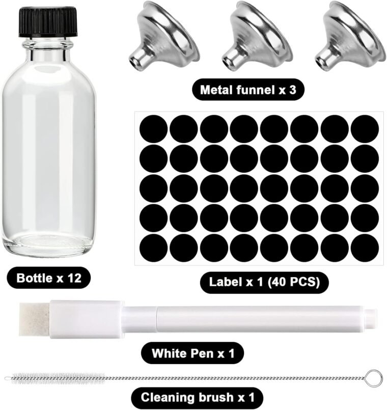 60ml Mini Botella Cristal Pequeña, Set de Mini Botellas de Cristal con Tapa, Kit Botes Cristal Pequeños, Frascos de Vidrio para Regalitos Boda, Fiesta, Especias y Mermelada (12 Pcs) - Imagen 7