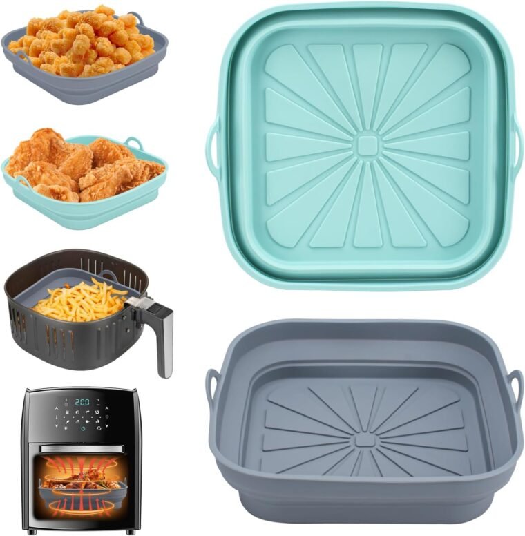 Alyvisun 2 Piezas Bandeja Accesorios para Freidora sin Aceite Reutilizable Recipientes Cuadrado Cesta Utensilios para Air Fryer, Microondas, Horno, Silicona, Azul+Gris