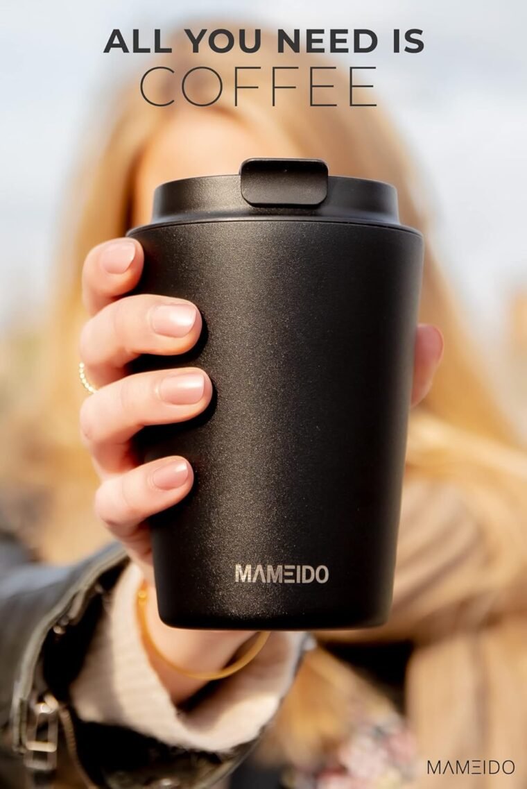 MAMEIDO Termo Cafe 350ml - Vaso Termico Antigoteo, Taza Termica acero inox sin BPA, Vaso Termo Cafe para llevar (Rich Black, 0,35l) - Imagen 3