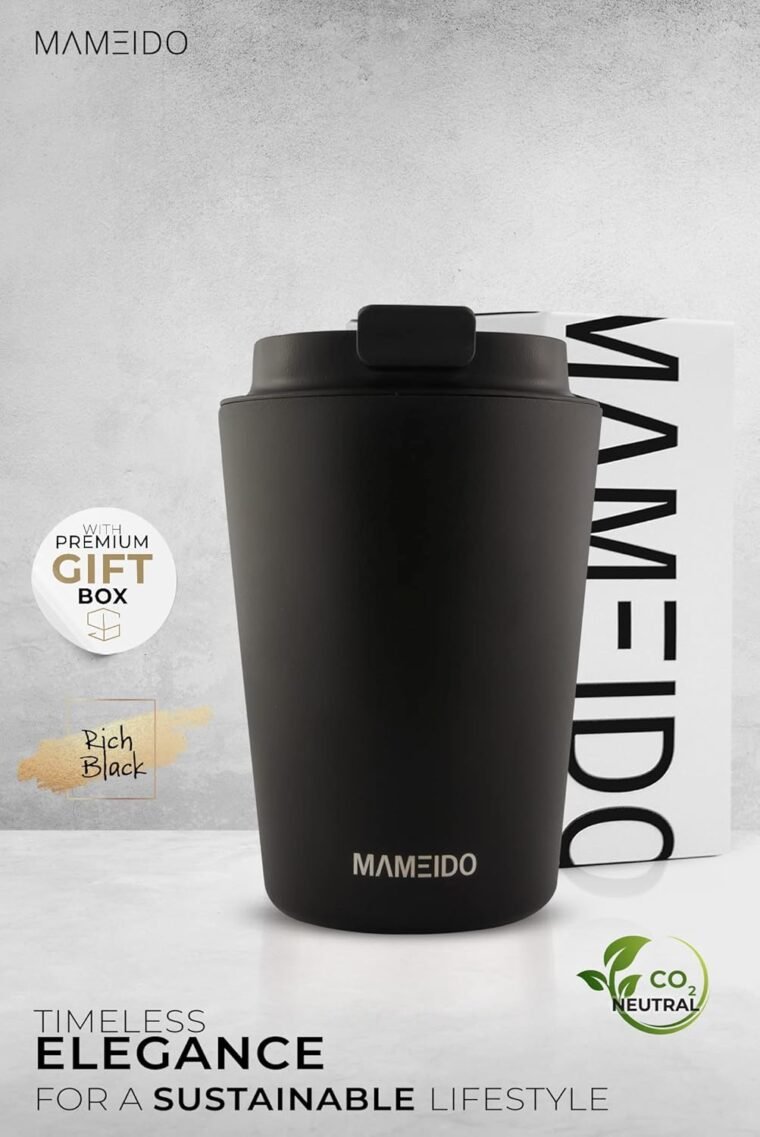 MAMEIDO Termo Cafe 350ml - Vaso Termico Antigoteo, Taza Termica acero inox sin BPA, Vaso Termo Cafe para llevar (Rich Black, 0,35l) - Imagen 2