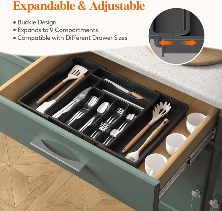 Lifewit Organizador de cubiertos de cajón, Bandeja de cubiertos expandible para cajón de cocina, portautensilios y cubiertos ajustable, Portacucharas, tenedores, cuchillos, almacenador, grande, Negro - Imagen 4