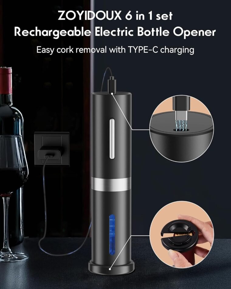 Sacacorchos eléctrico usb 6 en 1, abridor de botellas de vino, abrebotellas inalámbrico, juego con cortador de papel y tapón de vacío y cable de carga USB - Imagen 3