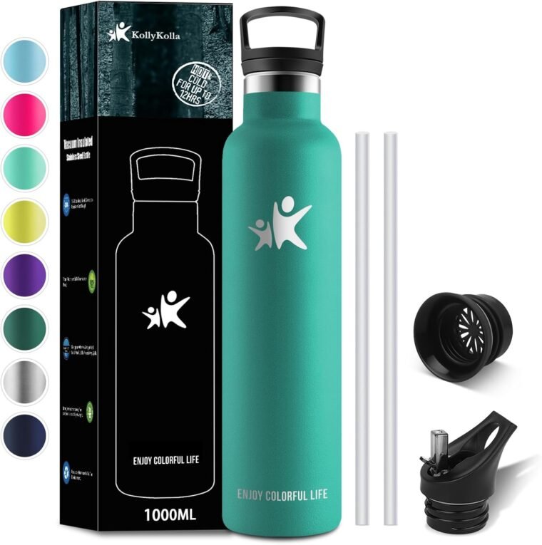 KollyKolla Botella Termica 1 litro, Botella Agua Acero Inoxidable con Pajita y Filtro, Cantimplora Sin BPA, Reutilizable, Doble Pared al Vacío a Prueba de Fugas, Termo para Deporte, Gimnasio, Viaje