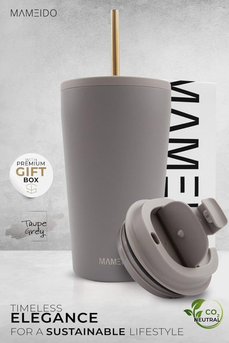 MAMEIDO Termo Cafe con Pajita y Tapa 470ml - Vaso Termico Antigoteo, Taza Termica acero inox sin BPA, Vaso Termo Cafe para llevar (Taupe Grey, 0,47l) - Imagen 2