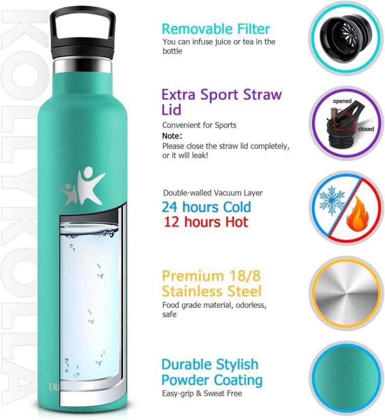 KollyKolla Botella Termica 1 litro, Botella Agua Acero Inoxidable con Pajita y Filtro, Cantimplora Sin BPA, Reutilizable, Doble Pared al Vacío a Prueba de Fugas, Termo para Deporte, Gimnasio, Viaje - Imagen 2