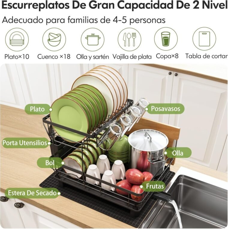 Boosiny Escurreplatos Acero Inoxidable de 2 Niveles, Escurridor de Platos Grande con Drenaje Automático, Escurridor con Soporte para Utensilios, Tabla de Cortar, Portavasos y Almohadilla de Secado - Imagen 5