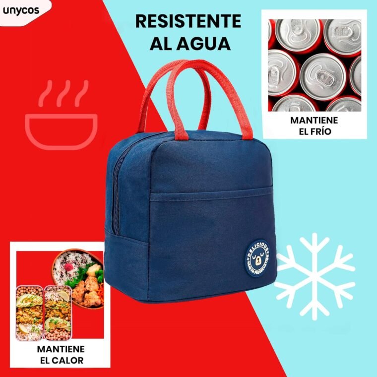 unycos - Bolsa Térmica Porta Alimentos【7L】 Nevera Portátil con Aislamiento, Lunch Box Impermeable, Hermética e Isotérmica, Porta Fiambrera para Almuerzo, Oficina, Viaje, Pícnic o Colegio (Azul/Rojo) - Imagen 4