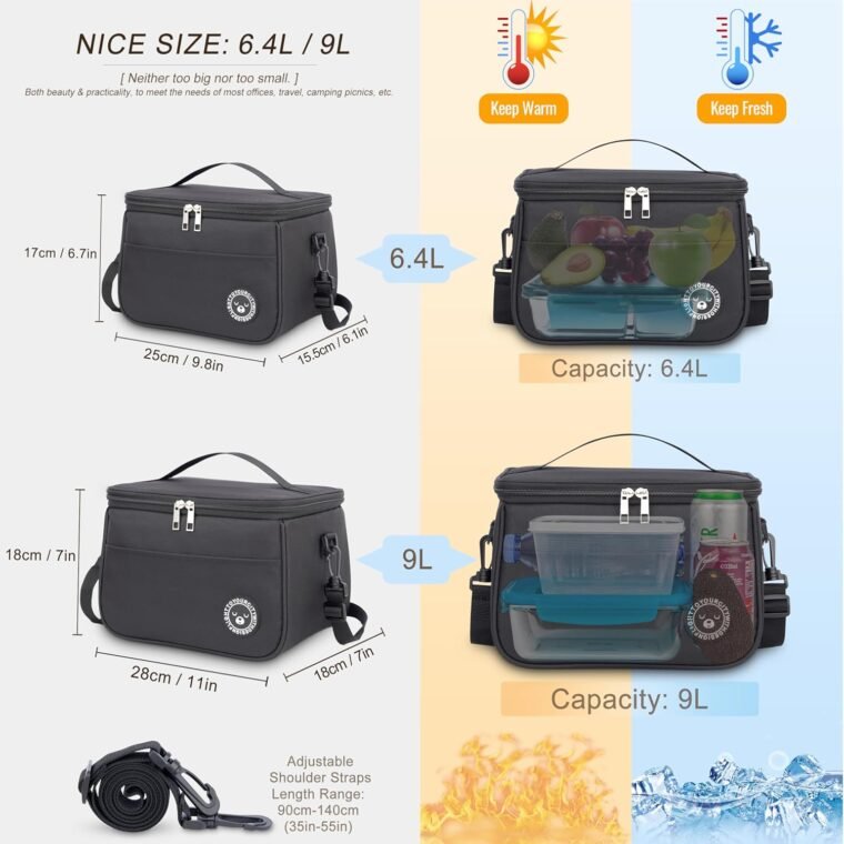 BALIGO Bolsa Termica Porta Alimentos 9L, Bolsa Comida Trabajo, Bolsa Porta Alimentos, Bolsa Isotermica Porta Alimentos, Bolsa Termica Comida Trabajo, Lunch Bag Oficina Viaje Picnic - Imagen 3