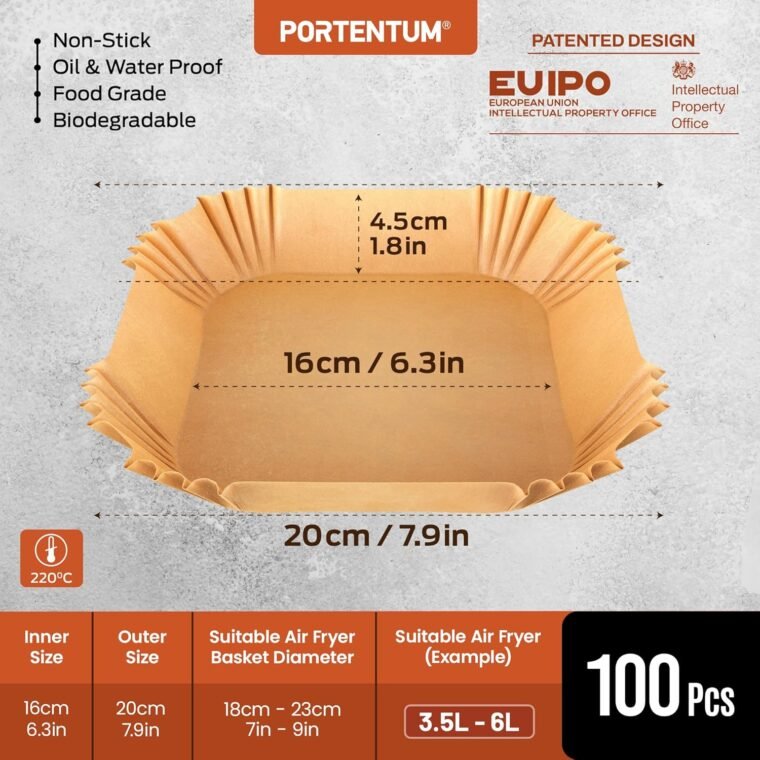 PORTENTUM Papel freidora aire 100 unidades de 16-20 cm Cuadrado. Para freidoras de 3,5 a 6 litros. Papel Air Fryer Grado alimenticio BPA free, FDA y LFGB - Imagen 2