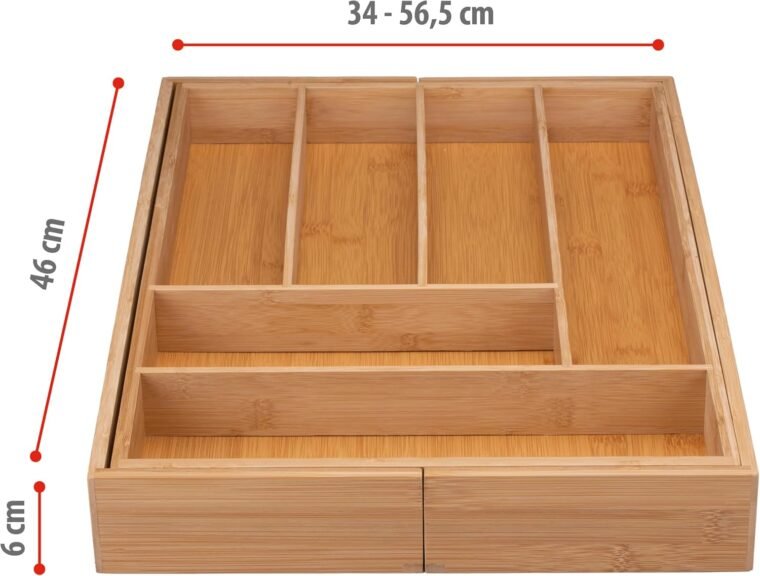 alpina Organizador Cajones - Cubertos para Cajon Cocina Extensible 46x34-56,5x6 cm - Caja Organizadora para Utensilios hasta 8 Compartimentos - Para Utensilios de Cocina, Gafas de Sol y Más - Bambú - Imagen 2