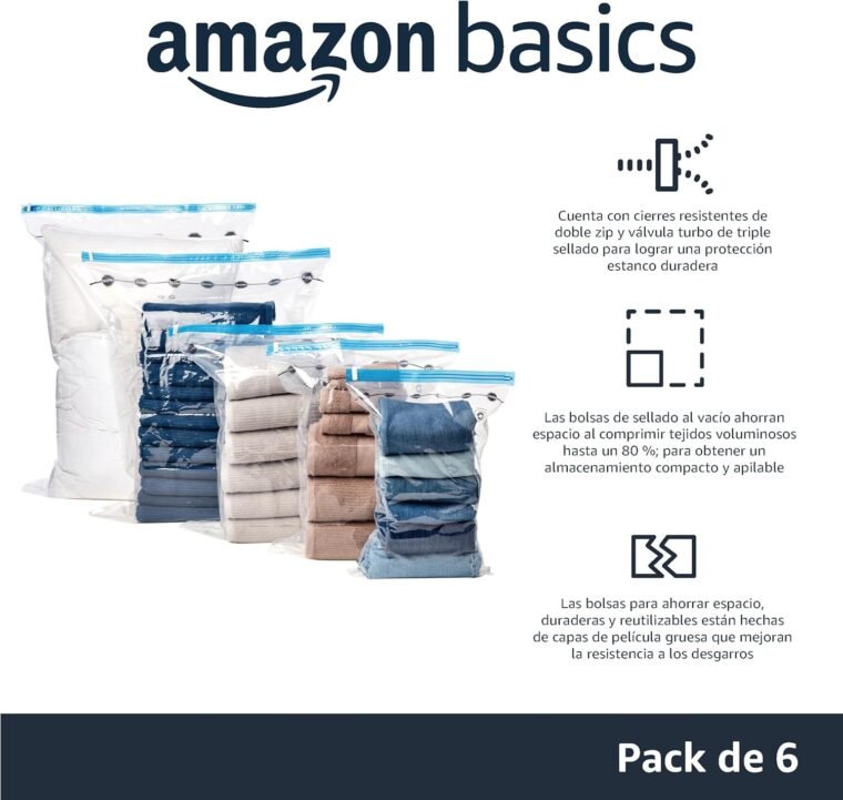 Amazon Basics bolsas de vacío Cremallera para almacenamiento, incluyen boca para aspirador, 6 Unidad (2 extragrandes, 2 grandes y 2 medianas), Transparente - Imagen 2