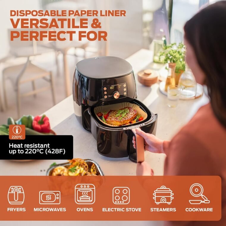 PORTENTUM Papel freidora aire 100 unidades de 16-20 cm Cuadrado. Para freidoras de 3,5 a 6 litros. Papel Air Fryer Grado alimenticio BPA free, FDA y LFGB - Imagen 7