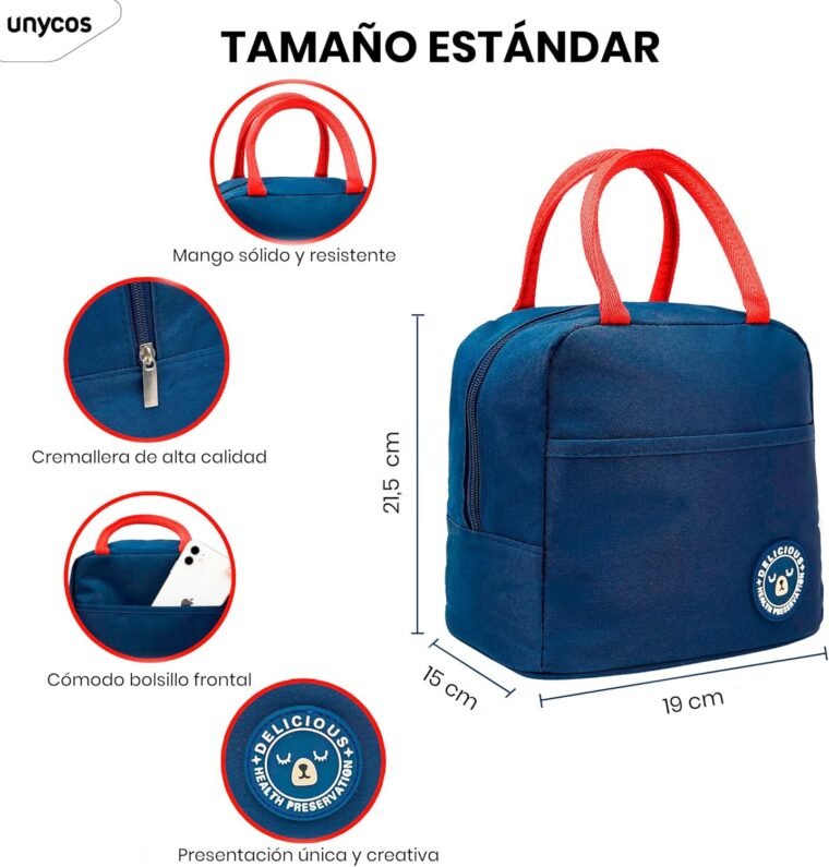 unycos - Bolsa Térmica Porta Alimentos【7L】 Nevera Portátil con Aislamiento, Lunch Box Impermeable, Hermética e Isotérmica, Porta Fiambrera para Almuerzo, Oficina, Viaje, Pícnic o Colegio (Azul/Rojo) - Imagen 2