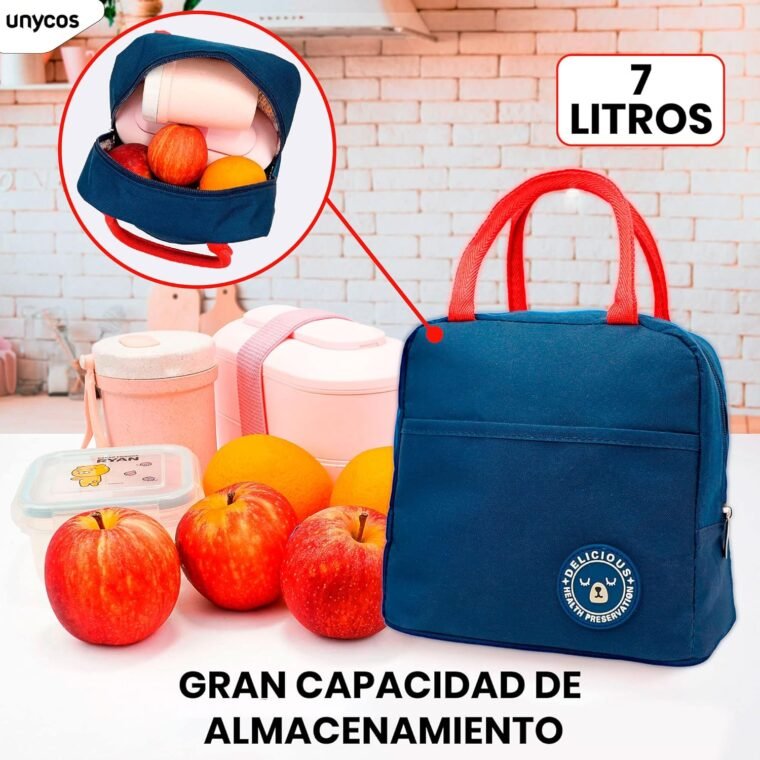 unycos - Bolsa Térmica Porta Alimentos【7L】 Nevera Portátil con Aislamiento, Lunch Box Impermeable, Hermética e Isotérmica, Porta Fiambrera para Almuerzo, Oficina, Viaje, Pícnic o Colegio (Azul/Rojo) - Imagen 5