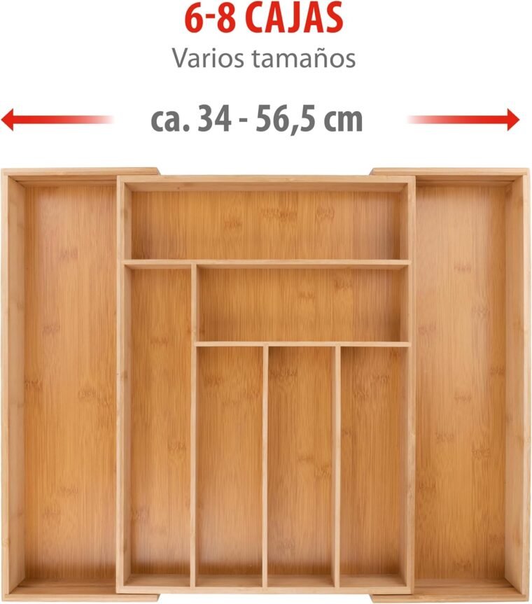 alpina Organizador Cajones - Cubertos para Cajon Cocina Extensible 46x34-56,5x6 cm - Caja Organizadora para Utensilios hasta 8 Compartimentos - Para Utensilios de Cocina, Gafas de Sol y Más - Bambú - Imagen 4