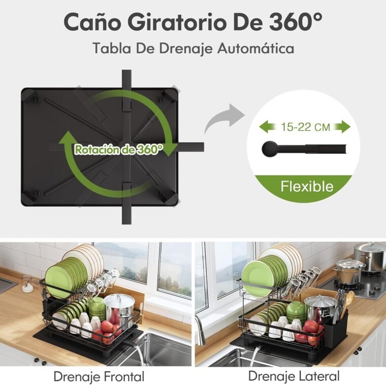 Boosiny Escurreplatos Acero Inoxidable de 2 Niveles, Escurridor de Platos Grande con Drenaje Automático, Escurridor con Soporte para Utensilios, Tabla de Cortar, Portavasos y Almohadilla de Secado - Imagen 2